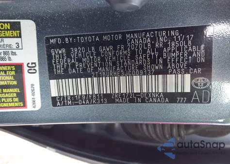 2018 Toyota Corolla Le из США, поврежденный, VIN 2T1BURHE3JC009137